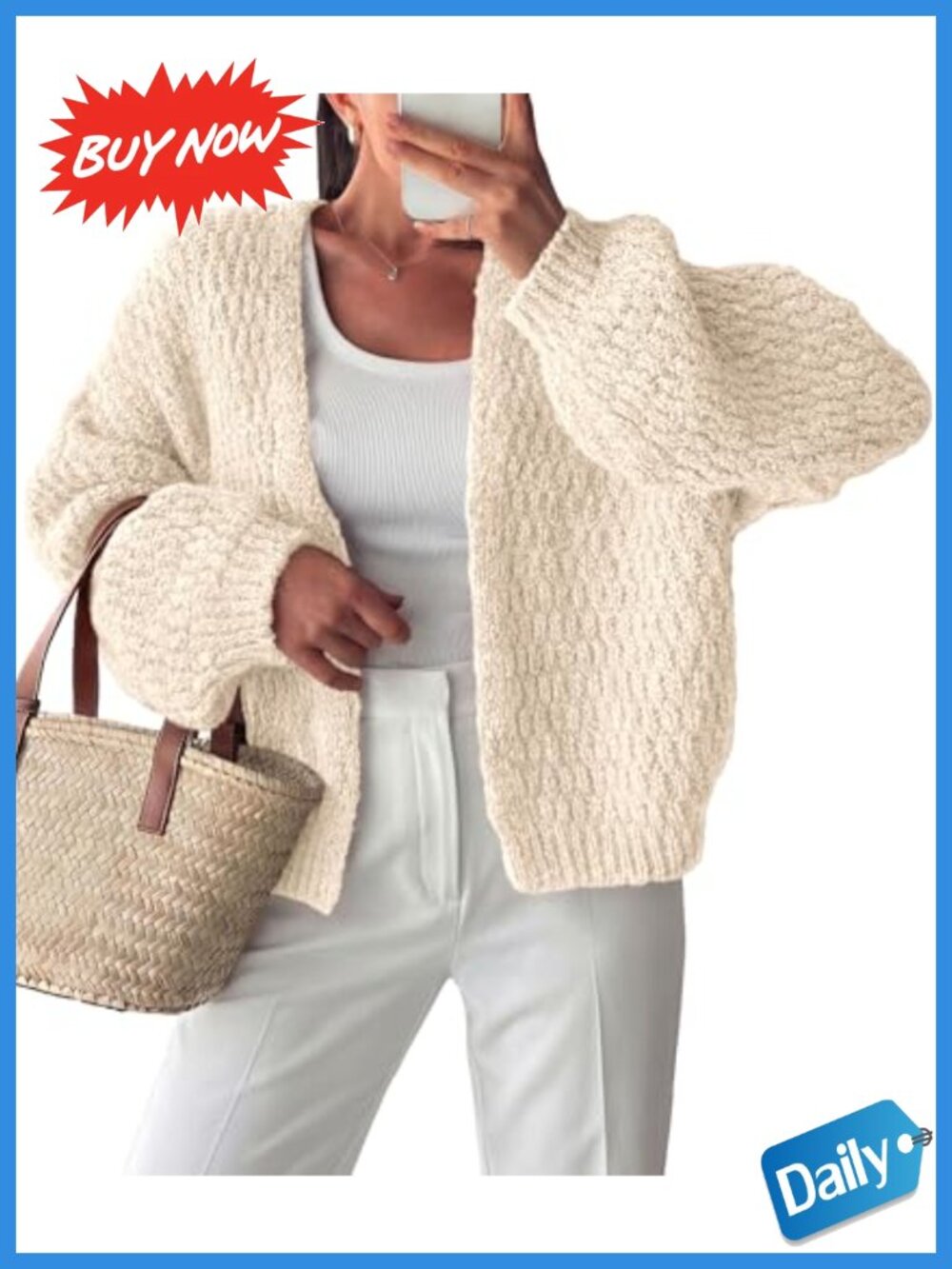 Open Front Chunky Knit Cardigan Shawl Neck Lantern Sleeve Loose Fit